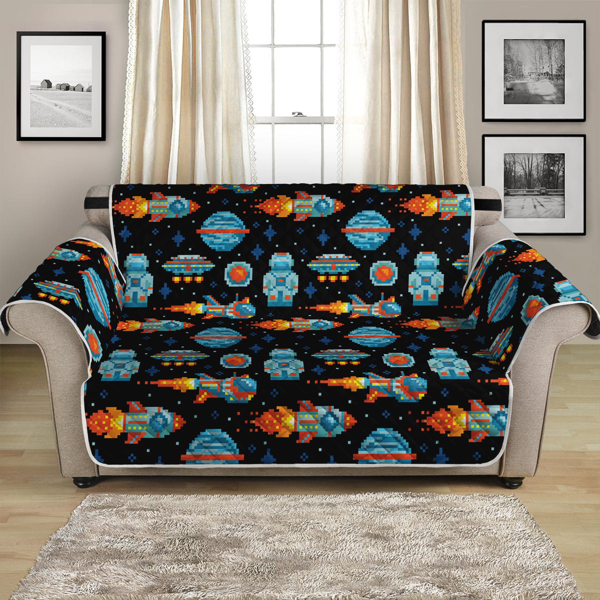 Astronaut And Space Pixel Pattern Print Loveseat Protector