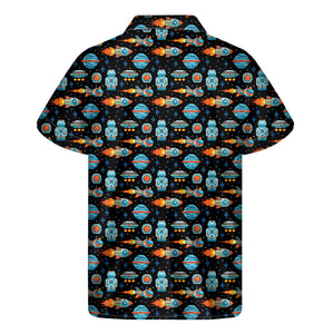 Astronaut And Space Pixel Pattern Print Men's Short Sleeve Shirt