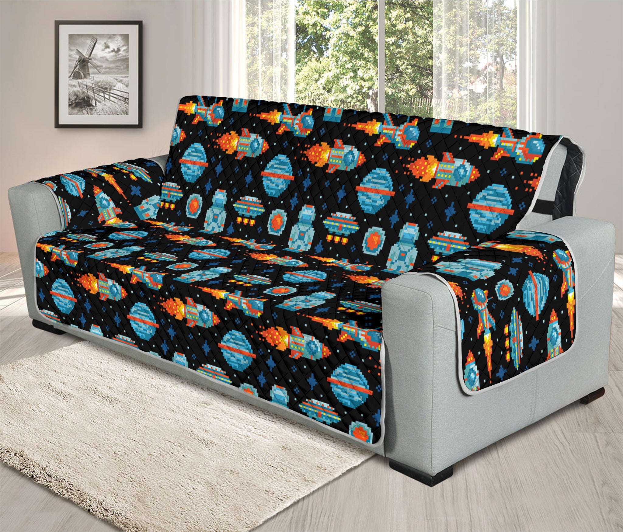 Astronaut And Space Pixel Pattern Print Oversized Sofa Protector