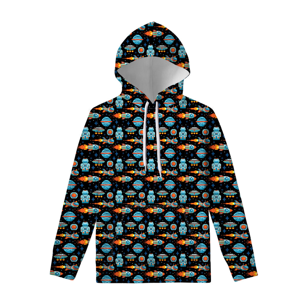 Astronaut And Space Pixel Pattern Print Pullover Hoodie