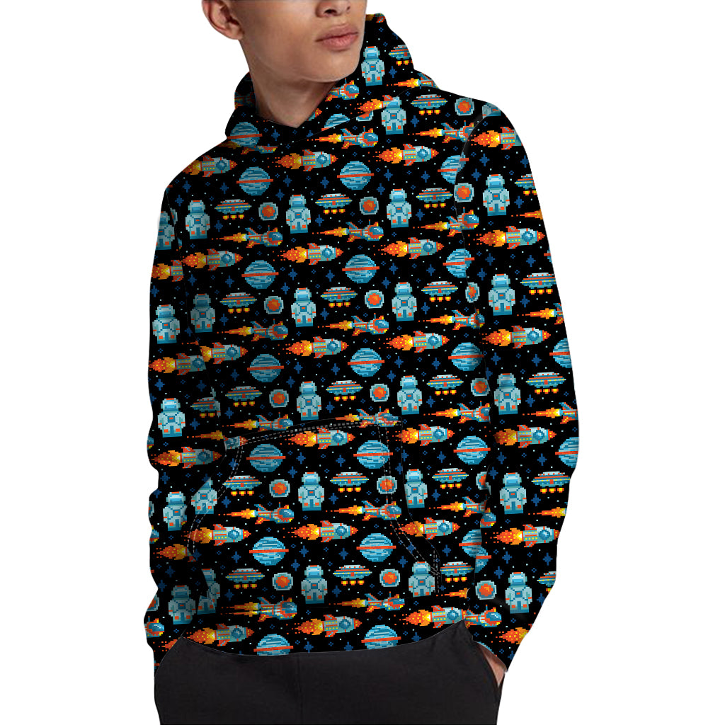 Astronaut And Space Pixel Pattern Print Pullover Hoodie