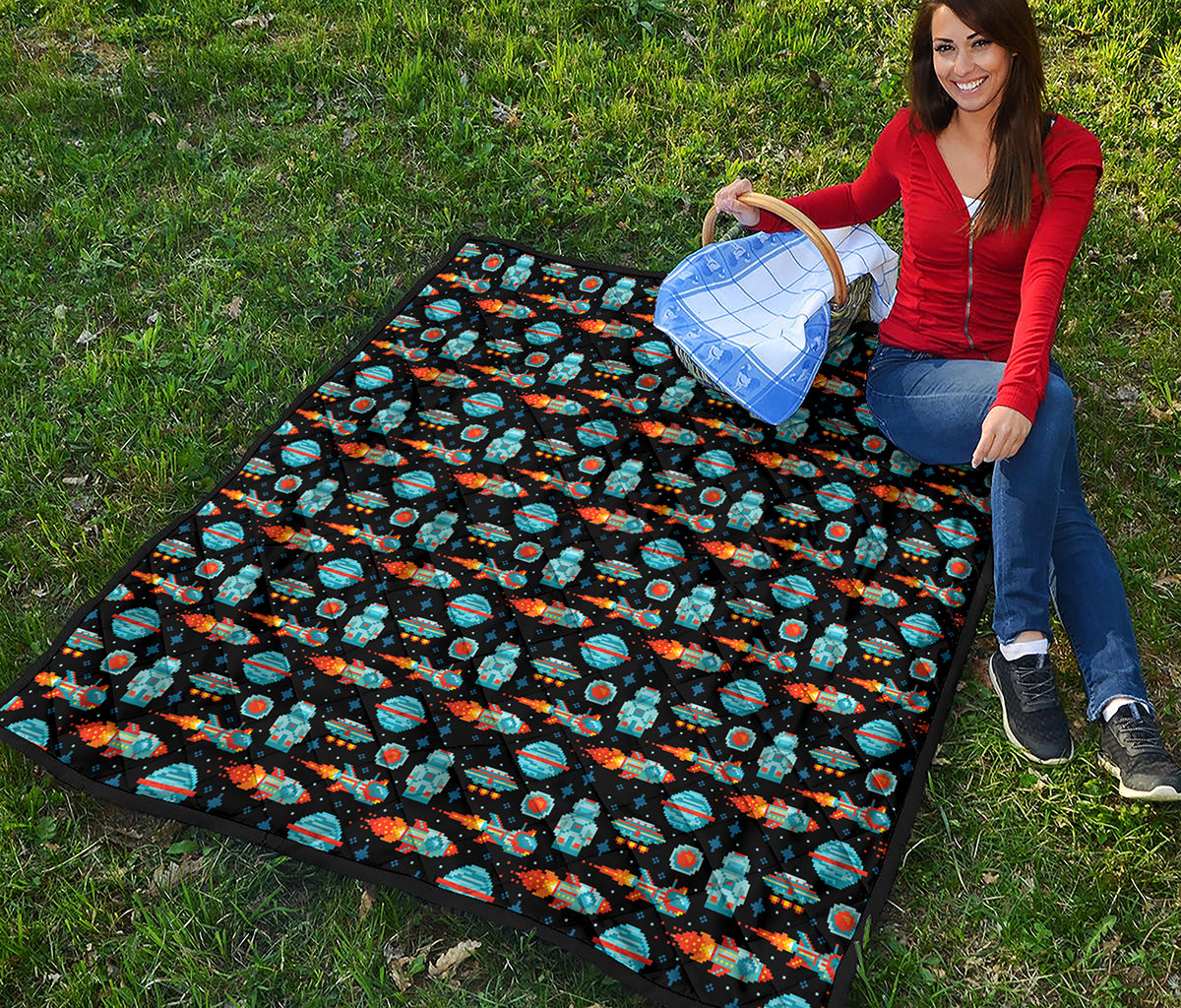 Astronaut And Space Pixel Pattern Print Quilt