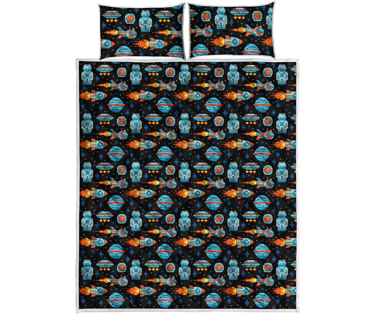 Astronaut And Space Pixel Pattern Print Quilt Bed Set