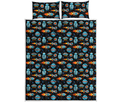 Astronaut And Space Pixel Pattern Print Quilt Bed Set