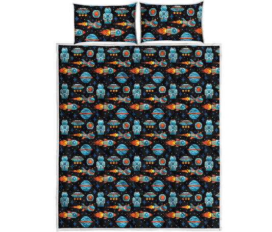 Astronaut And Space Pixel Pattern Print Quilt Bed Set