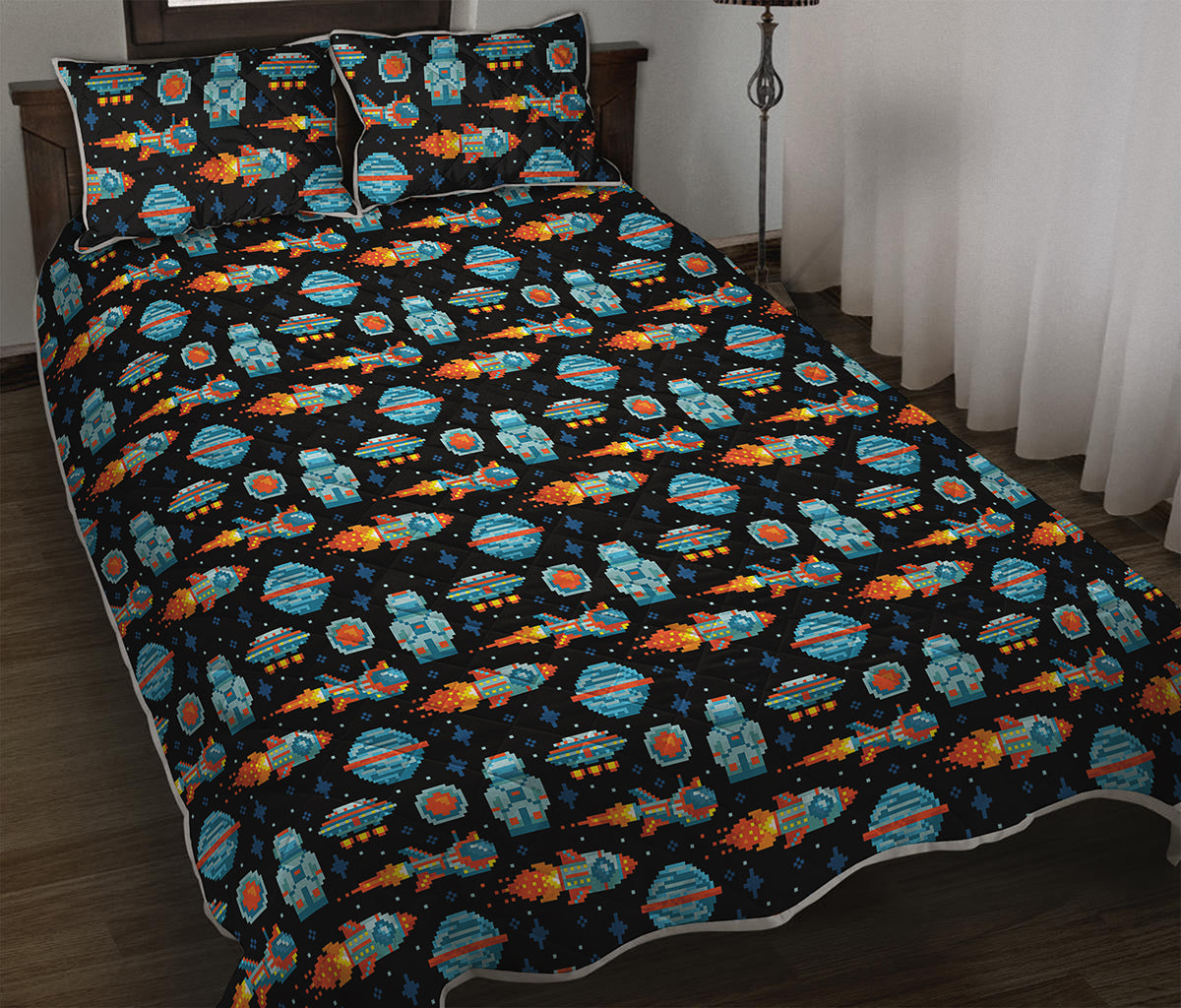 Astronaut And Space Pixel Pattern Print Quilt Bed Set