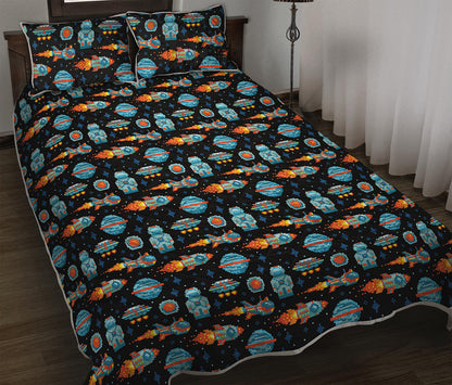 Astronaut And Space Pixel Pattern Print Quilt Bed Set