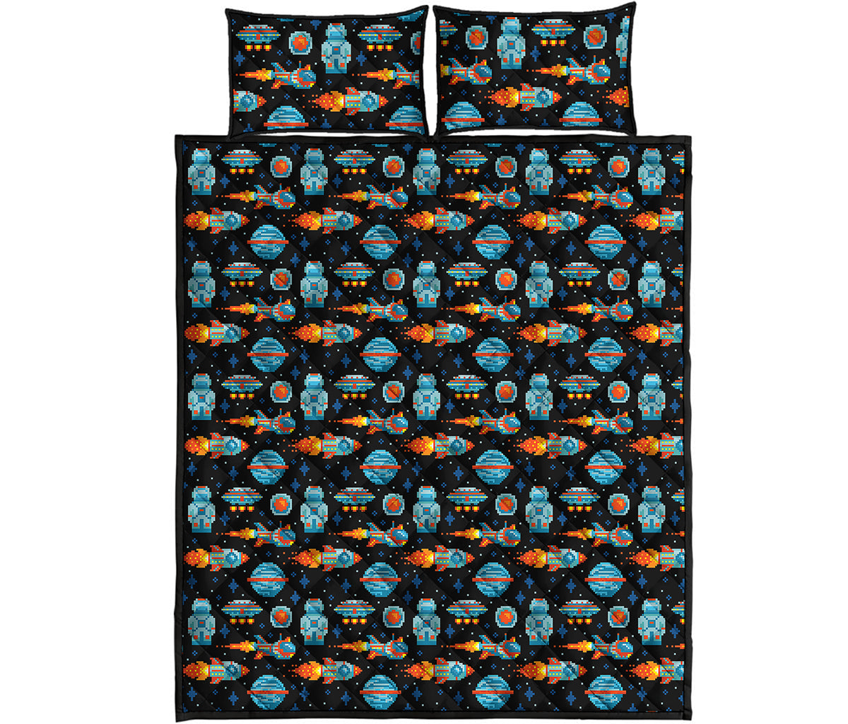 Astronaut And Space Pixel Pattern Print Quilt Bed Set
