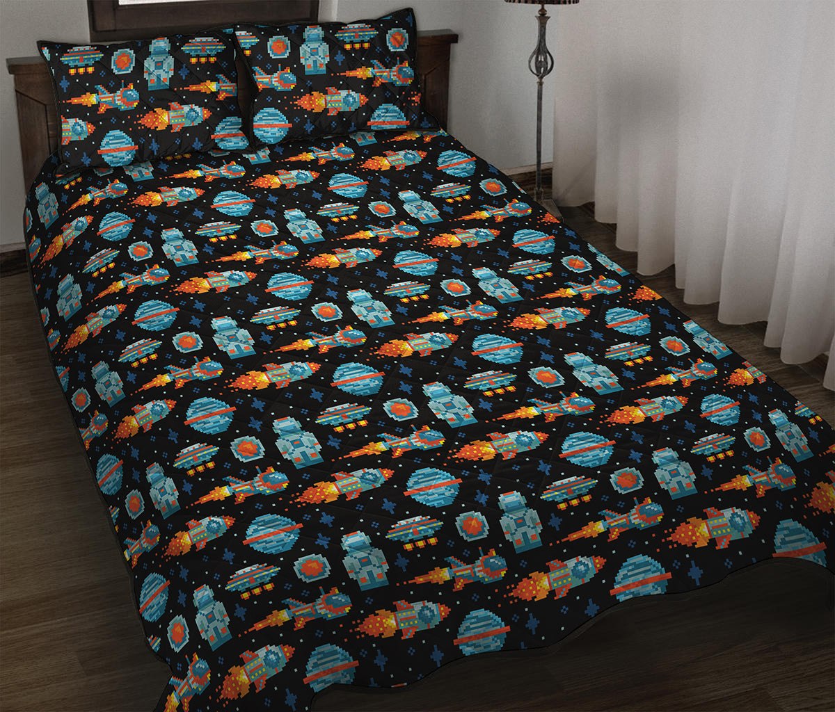 Astronaut And Space Pixel Pattern Print Quilt Bed Set