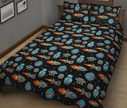 Astronaut And Space Pixel Pattern Print Quilt Bed Set
