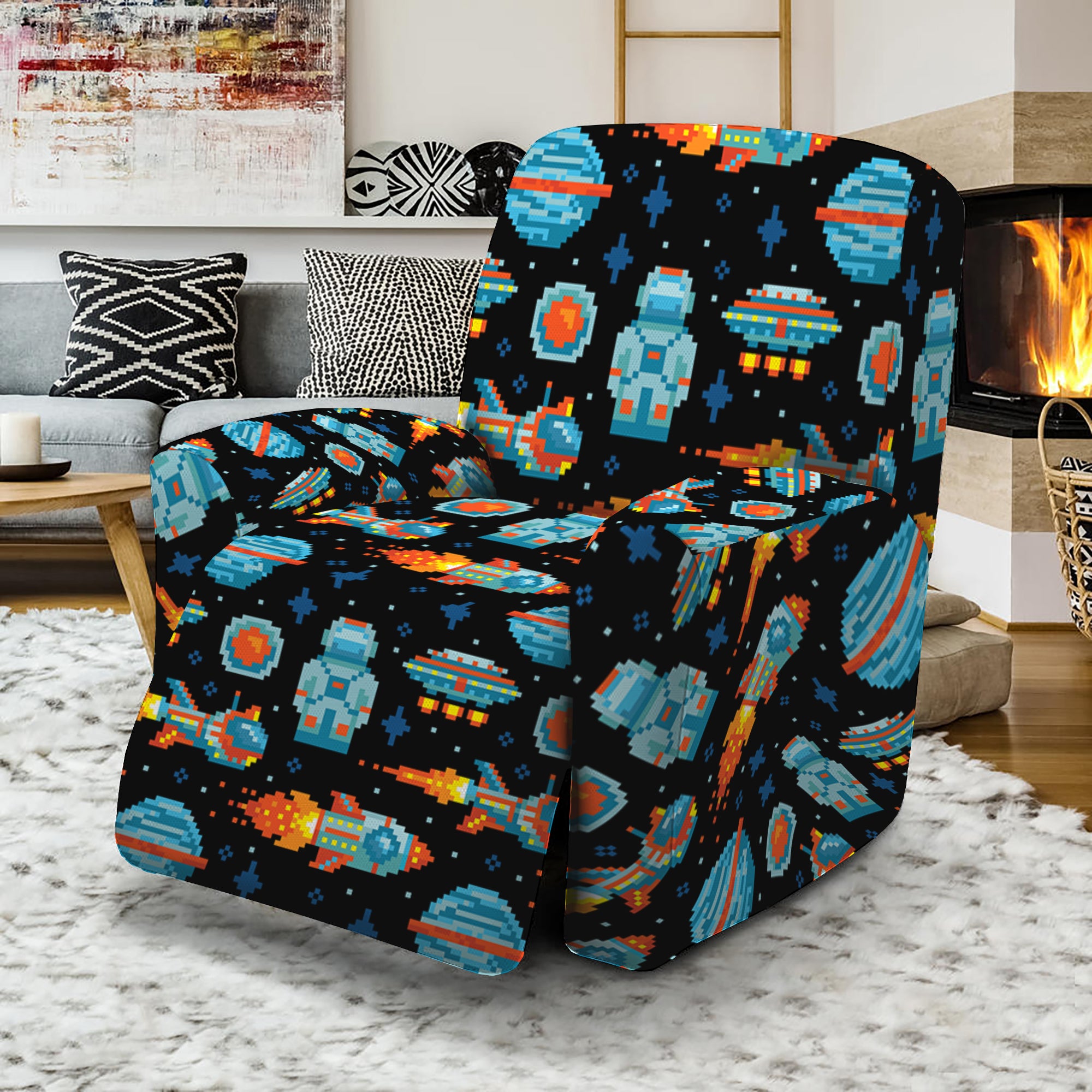 Astronaut And Space Pixel Pattern Print Recliner Slipcover