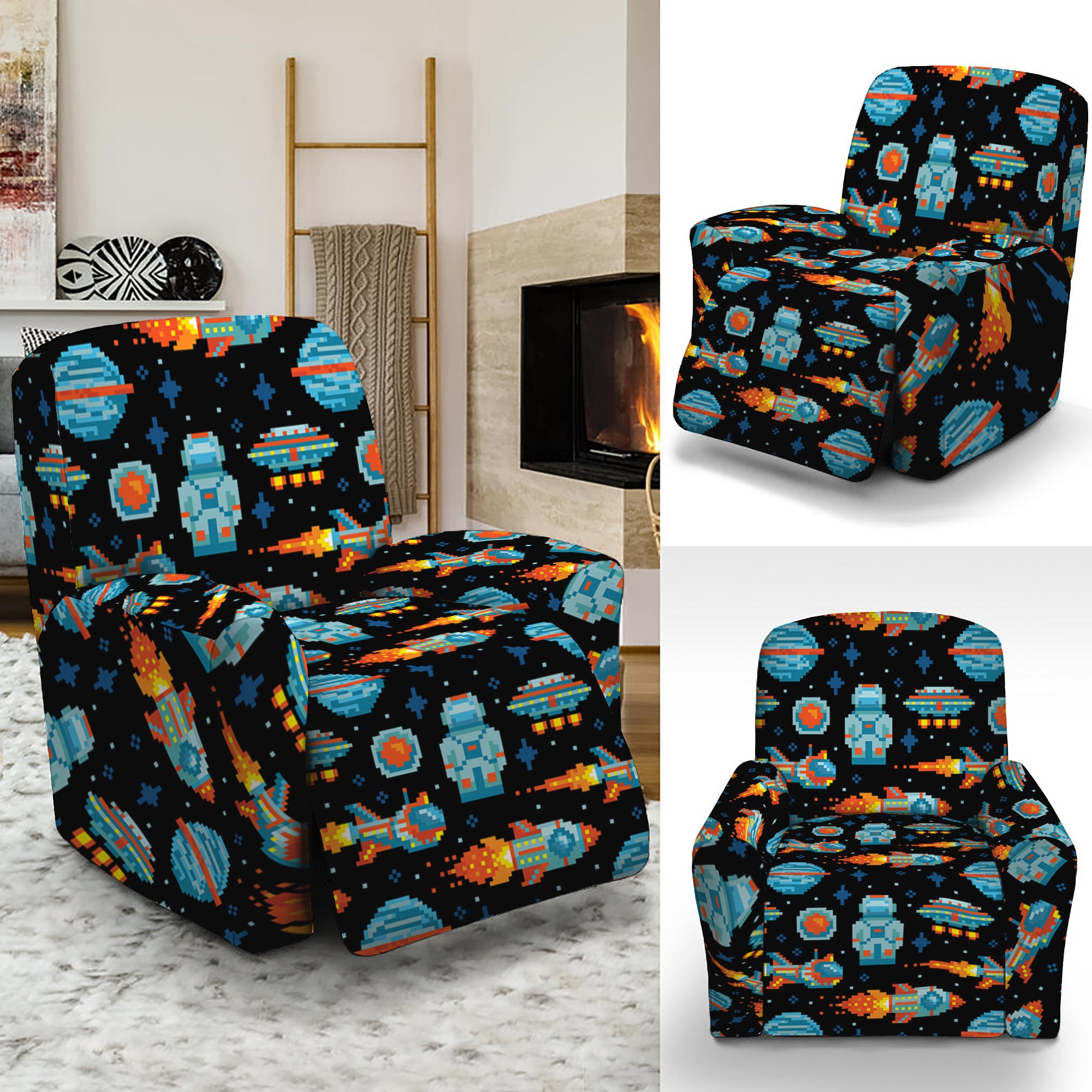 Astronaut And Space Pixel Pattern Print Recliner Slipcover