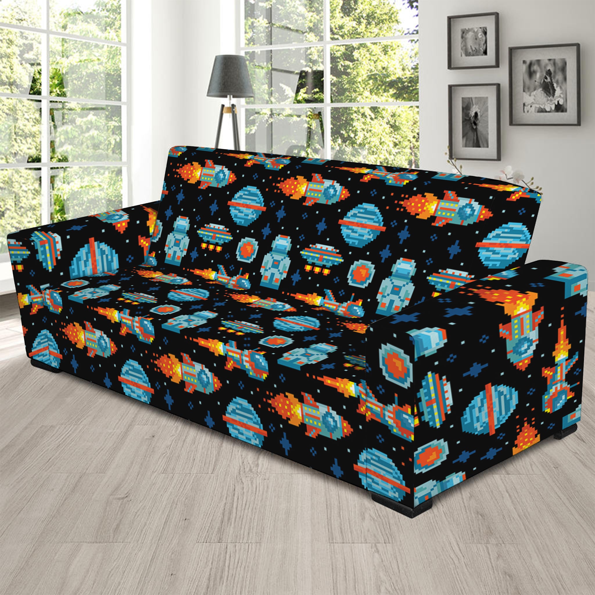 Astronaut And Space Pixel Pattern Print Sofa Slipcover