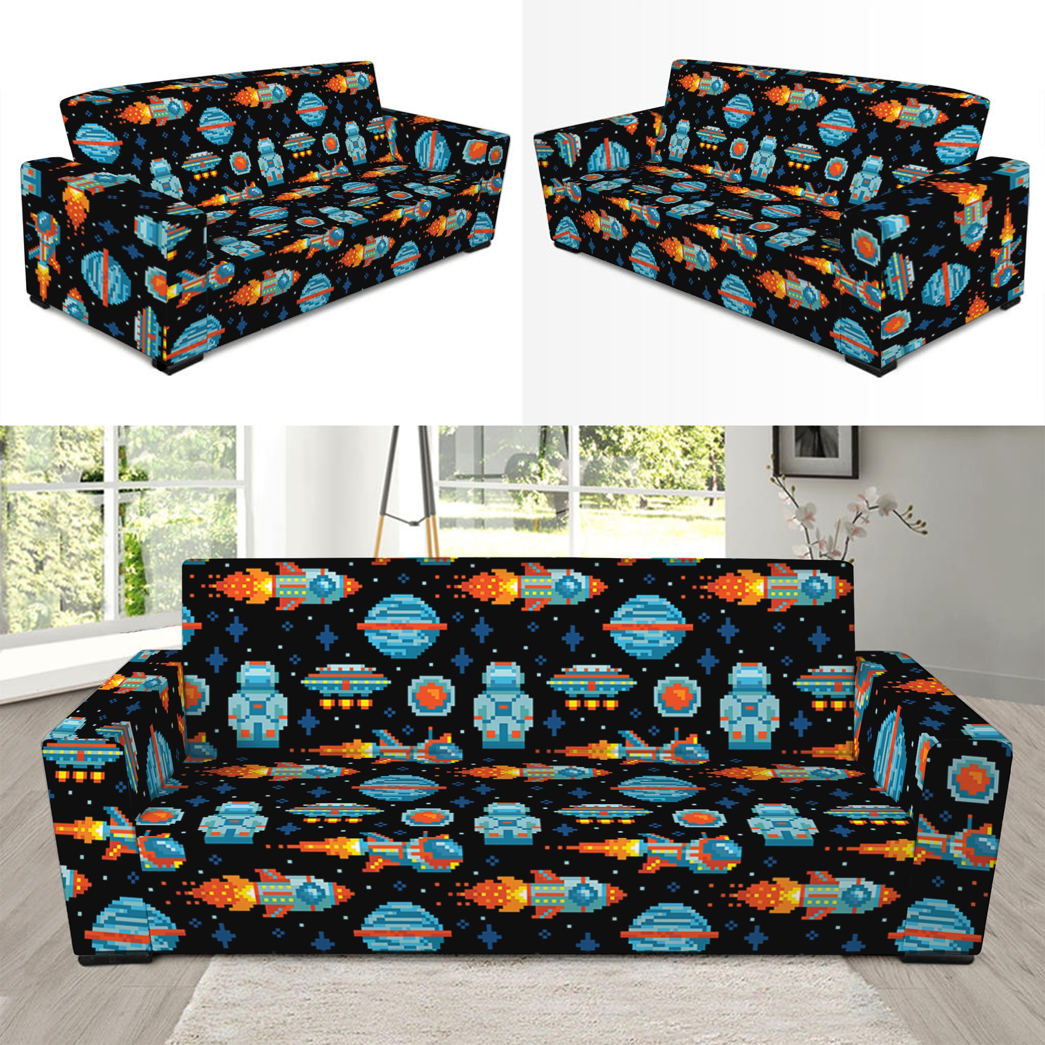 Astronaut And Space Pixel Pattern Print Sofa Slipcover