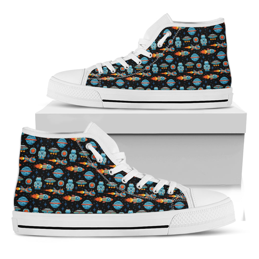 Astronaut And Space Pixel Pattern Print White High Top Shoes