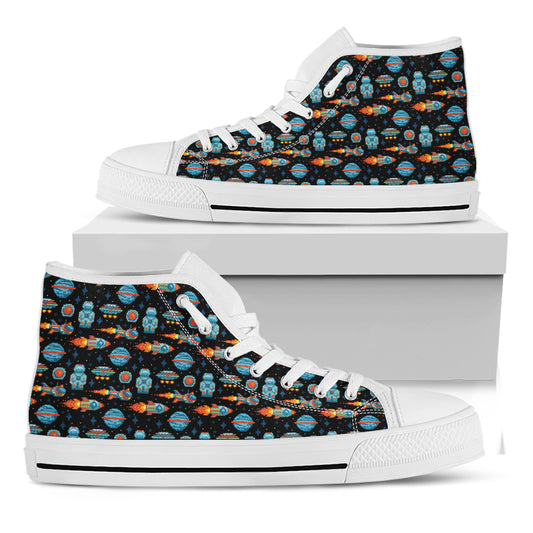 Astronaut And Space Pixel Pattern Print White High Top Shoes