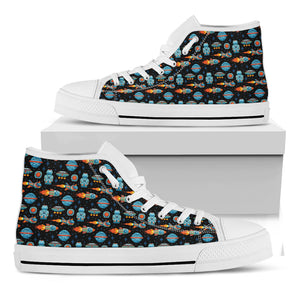 Astronaut And Space Pixel Pattern Print White High Top Shoes