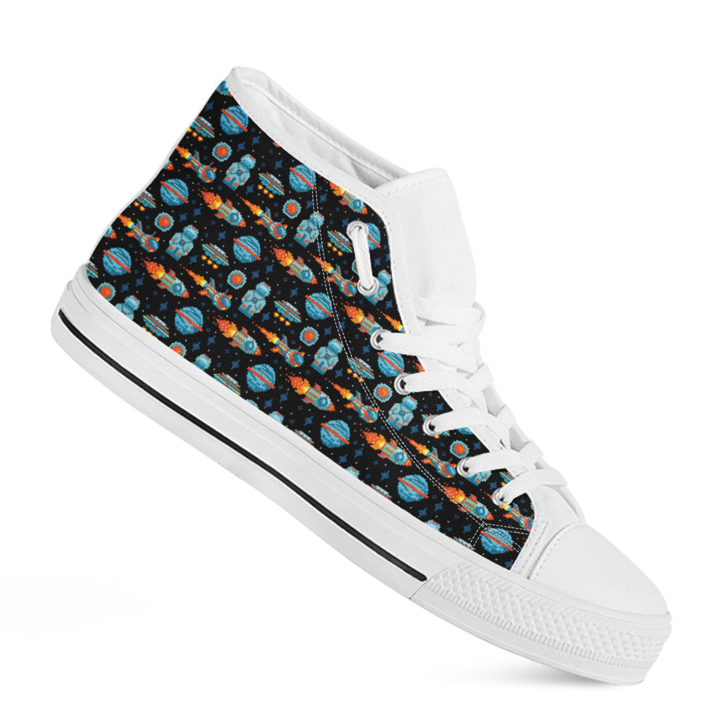 Astronaut And Space Pixel Pattern Print White High Top Shoes