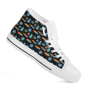Astronaut And Space Pixel Pattern Print White High Top Shoes