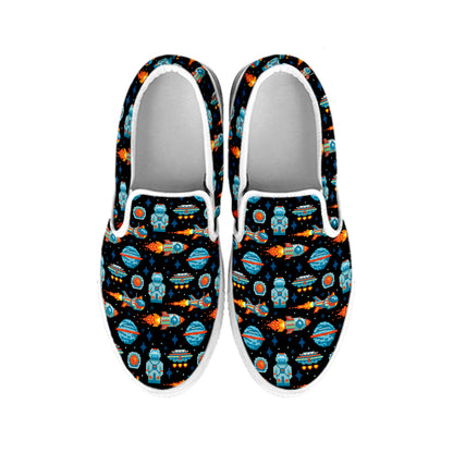 Astronaut And Space Pixel Pattern Print White Slip On Shoes