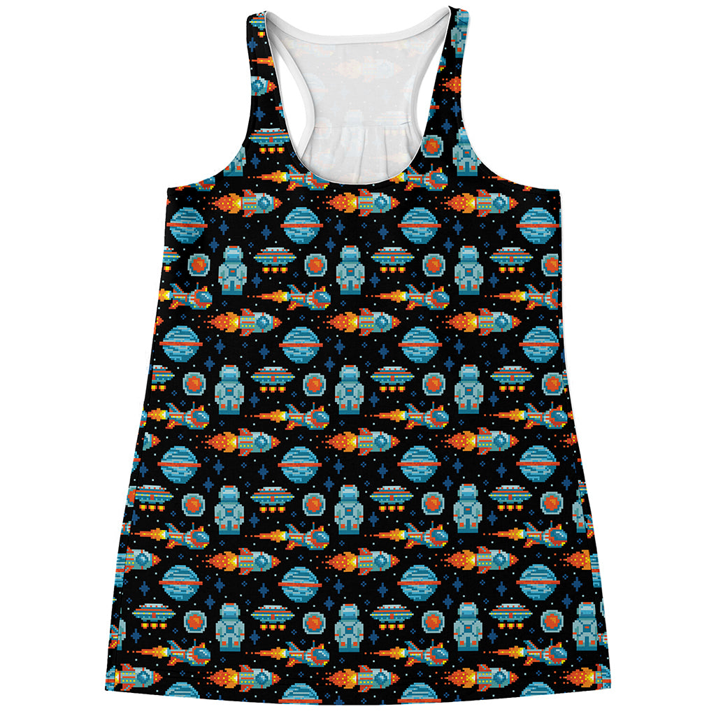 Astronaut And Space Pixel Pattern Print Women's Racerback Tank Top