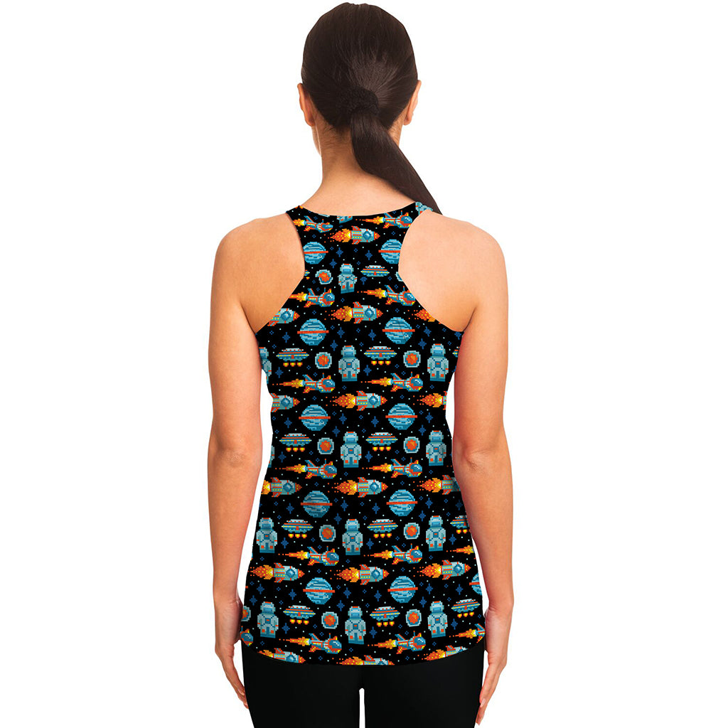 Astronaut And Space Pixel Pattern Print Women's Racerback Tank Top