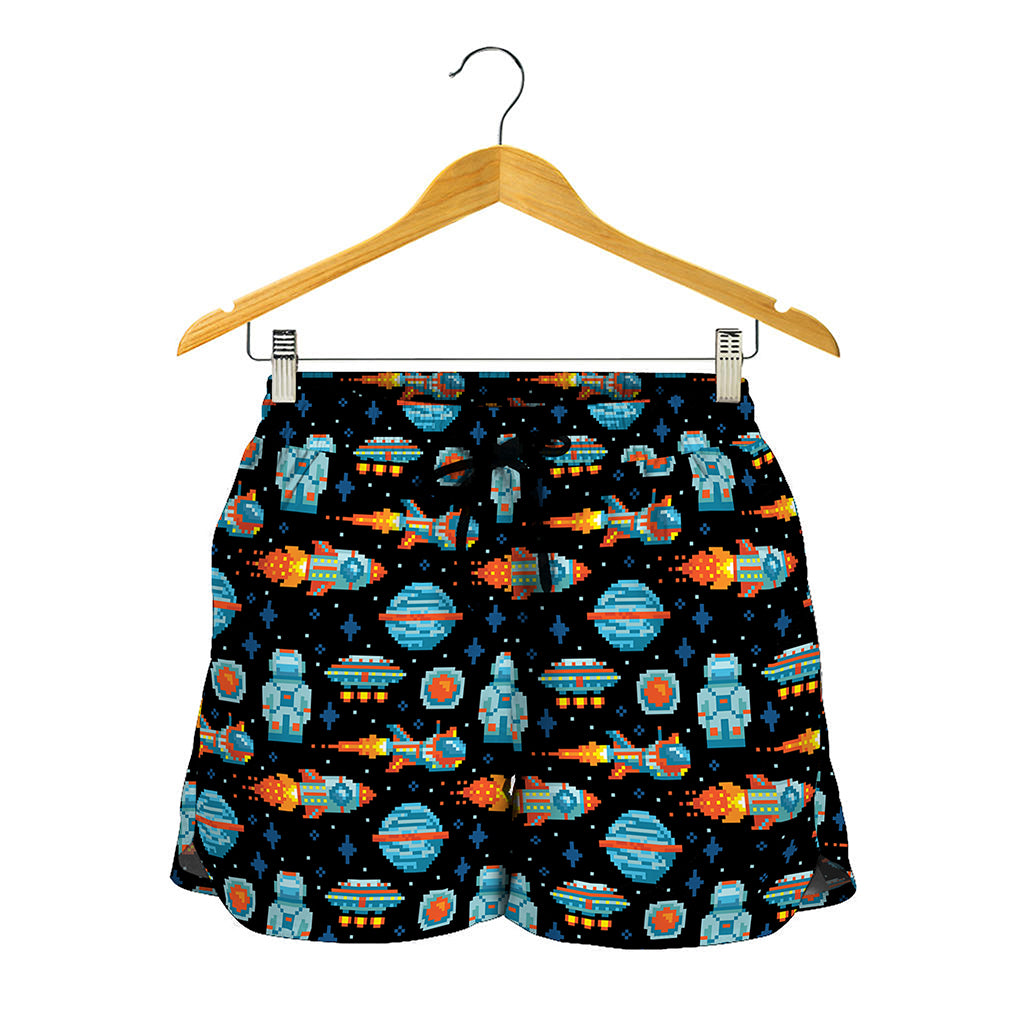Astronaut And Space Pixel Pattern Print Women's Shorts