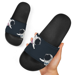 Astronaut Couple In Space Print Black Slide Sandals