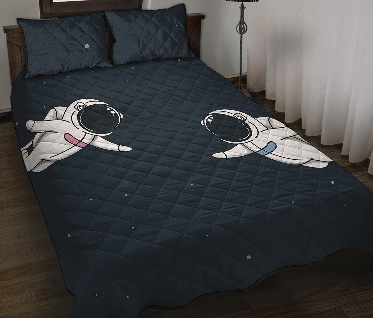 Astronaut Couple In Space Print Quilt Bed Set