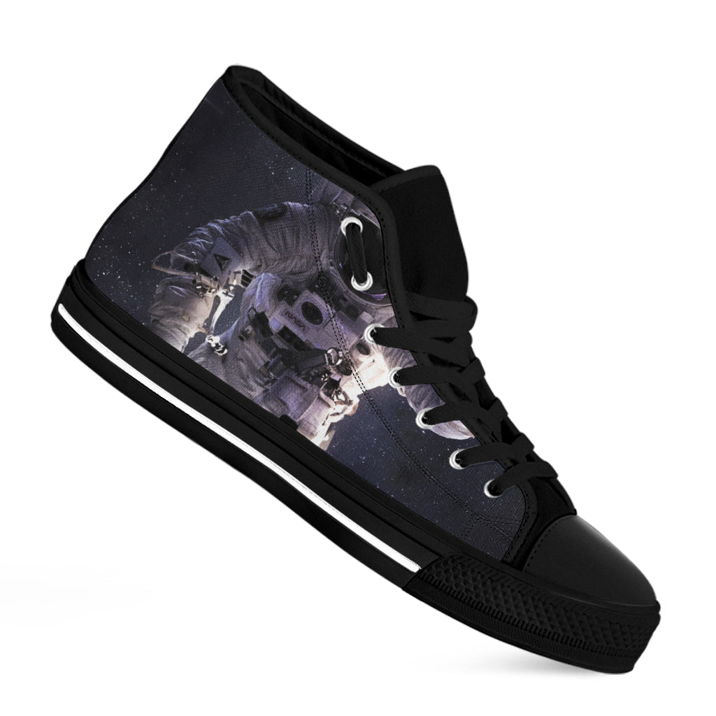 Astronaut Floating In Outer Space Print Black High Top Shoes