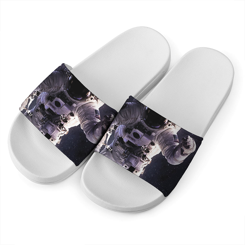 Astronaut Floating In Outer Space Print White Slide Sandals