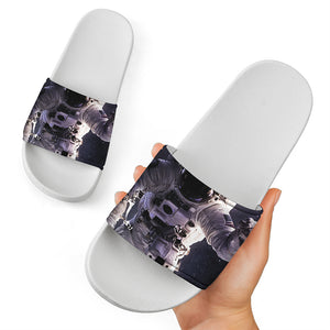 Astronaut Floating In Outer Space Print White Slide Sandals