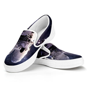 Astronaut Floating In Outer Space Print White Slip On Shoes