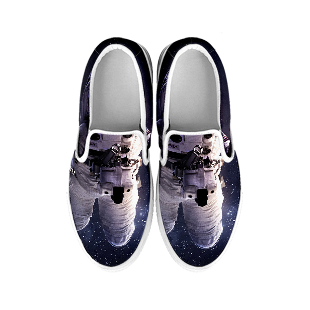 Astronaut Floating In Outer Space Print White Slip On Shoes