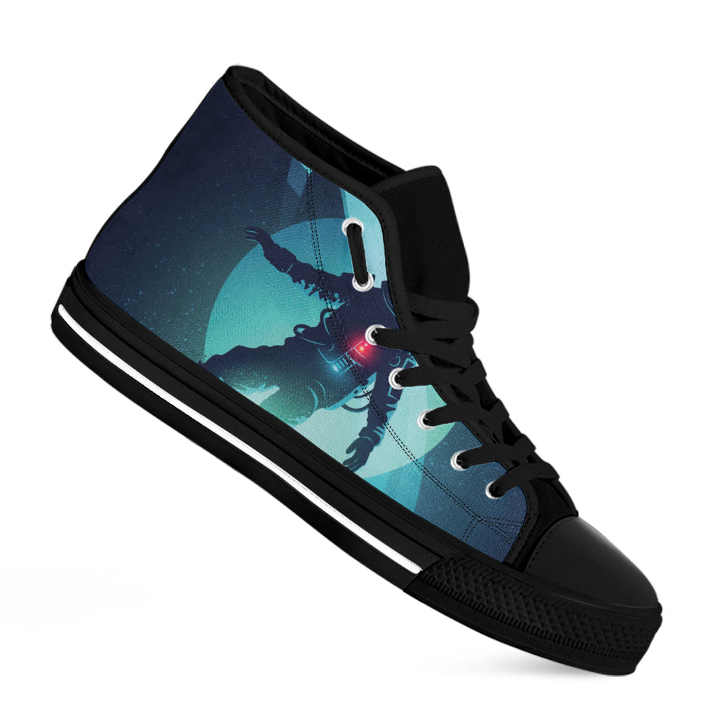 Astronaut Floating Through Space Print Black High Top Shoes