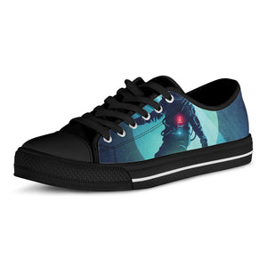 Astronaut Floating Through Space Print Black Low Top Shoes