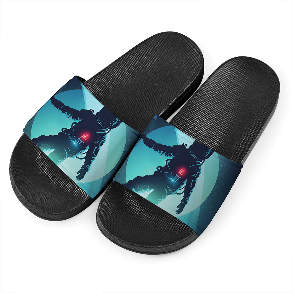 Astronaut Floating Through Space Print Black Slide Sandals