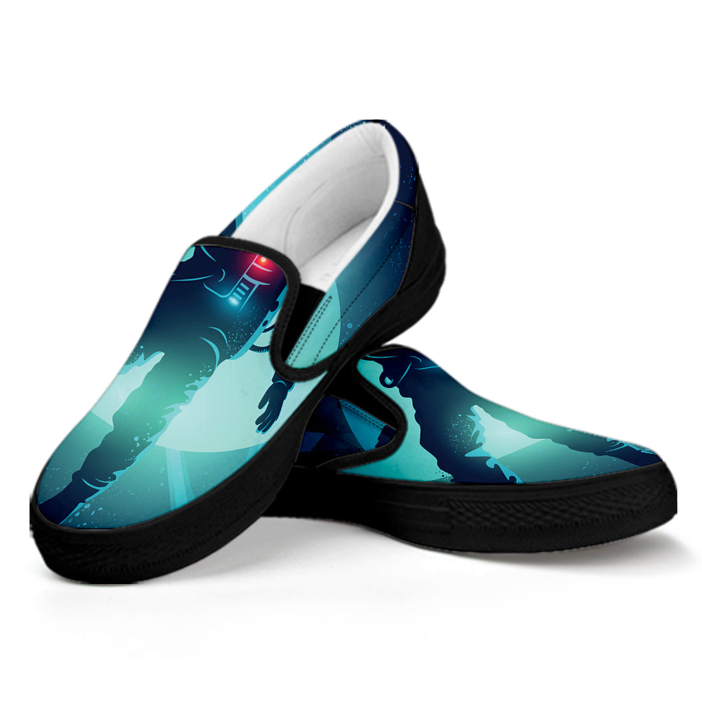 Astronaut Floating Through Space Print Black Slip On Shoes