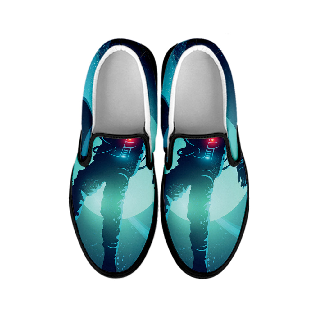 Astronaut Floating Through Space Print Black Slip On Shoes