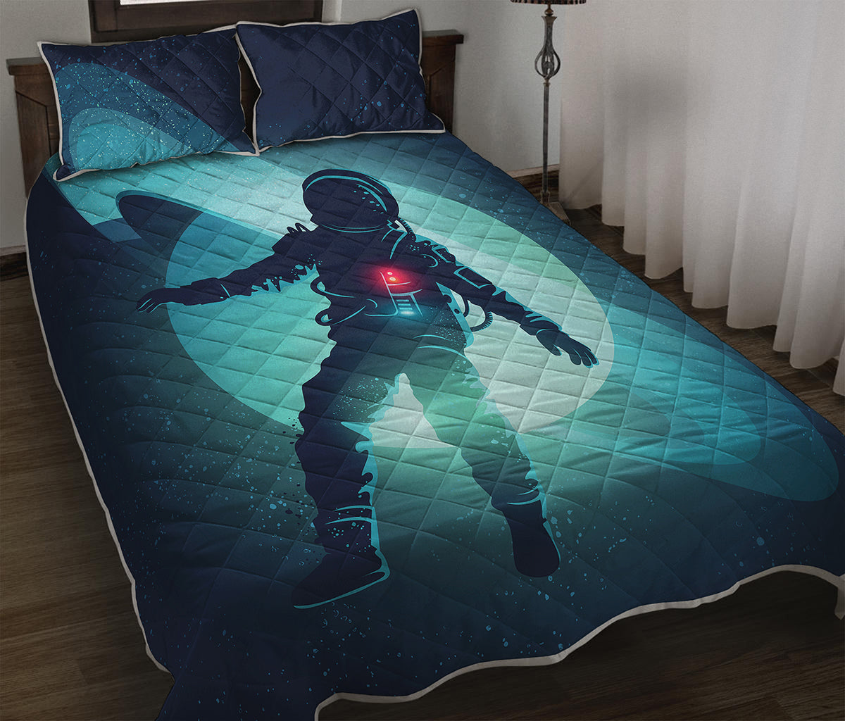 Astronaut Floating Through Space Print Quilt Bed Set