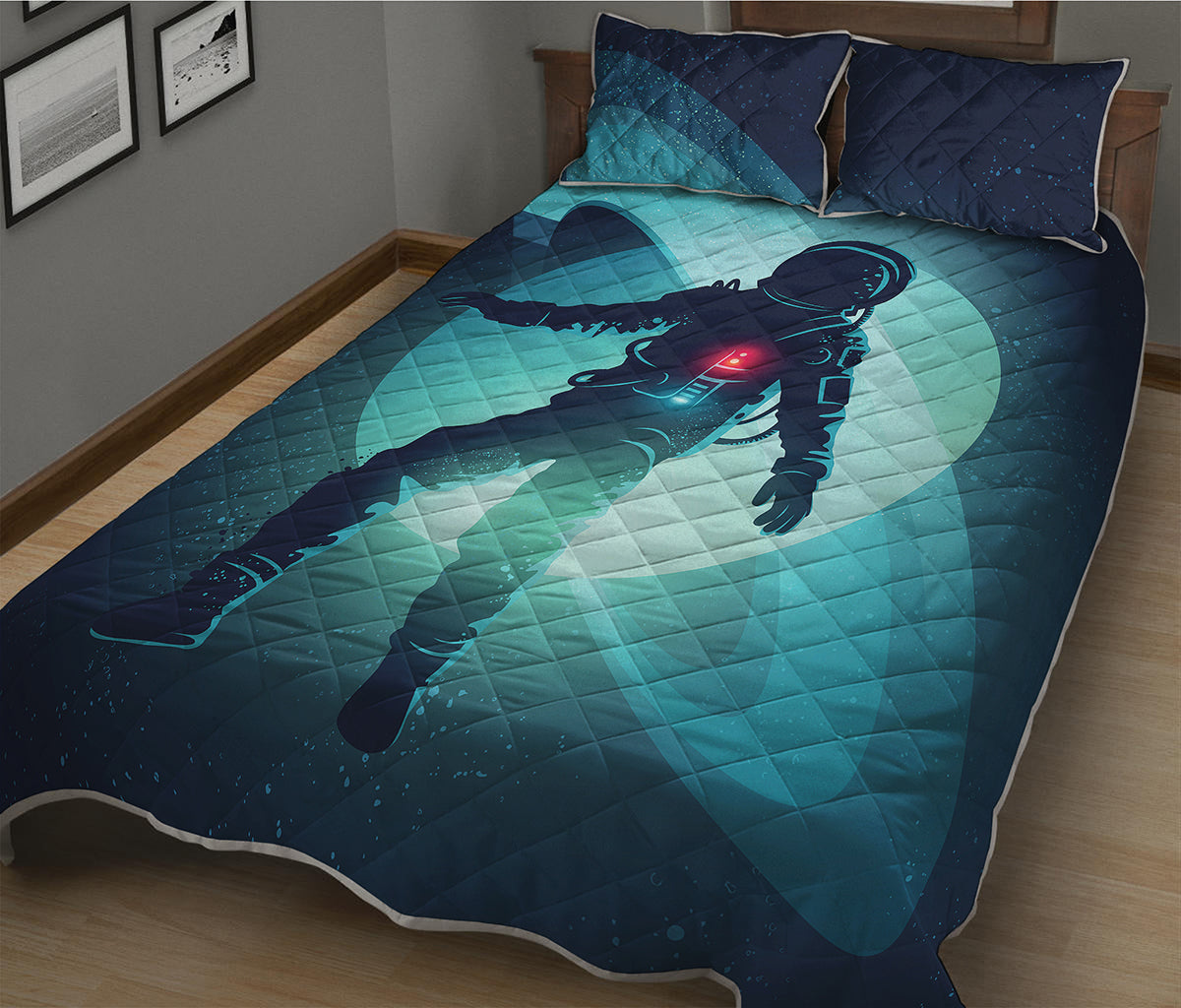 Astronaut Floating Through Space Print Quilt Bed Set