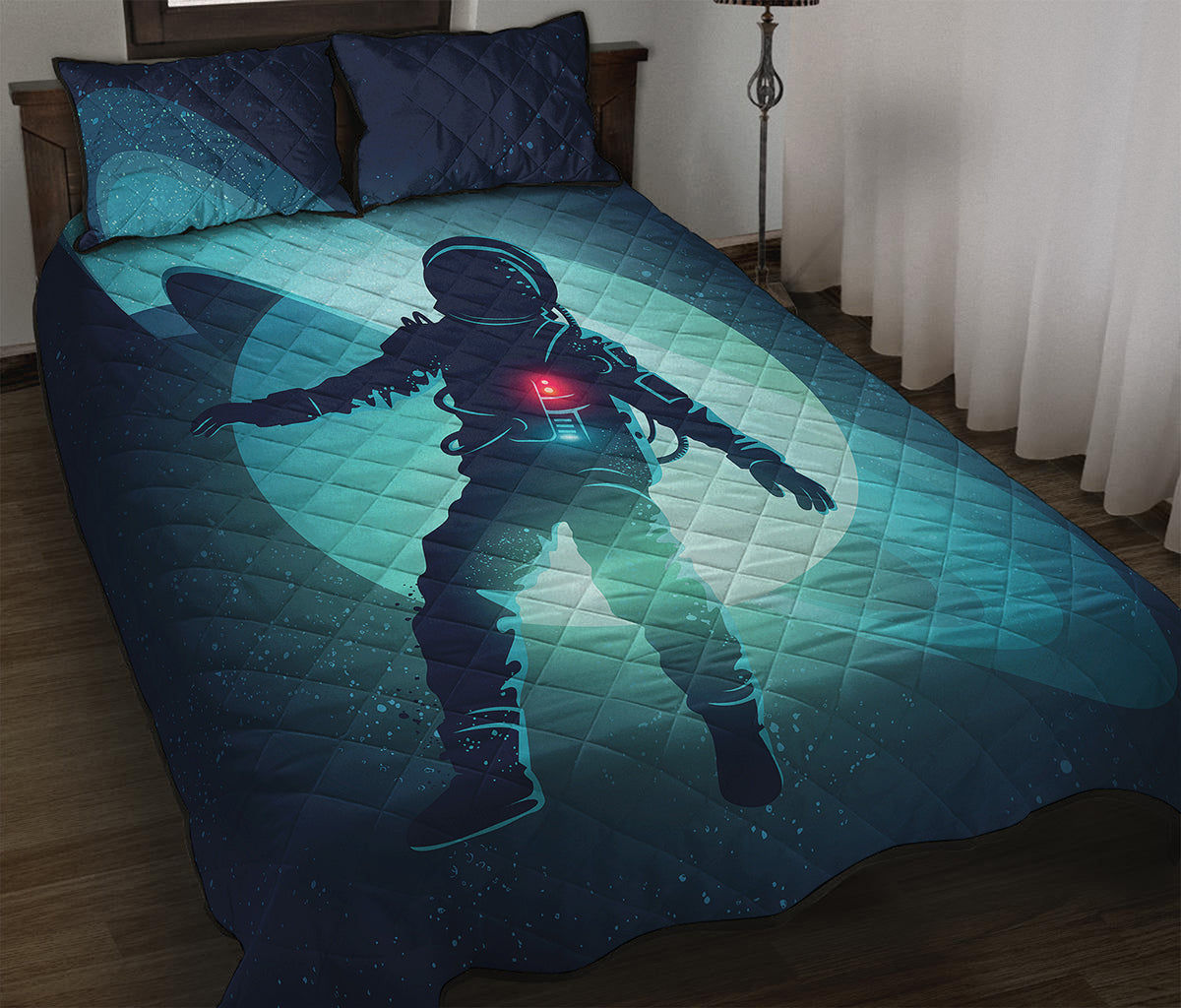 Astronaut Floating Through Space Print Quilt Bed Set