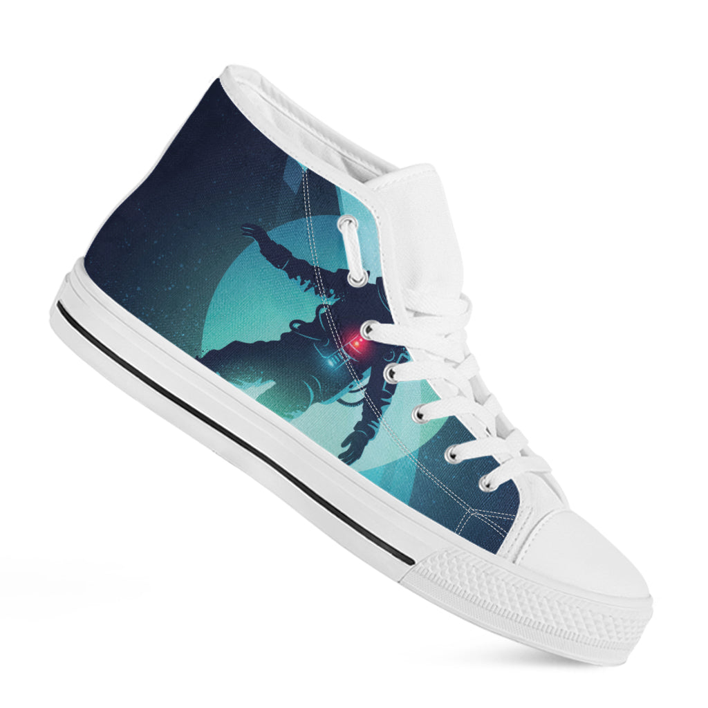 Astronaut Floating Through Space Print White High Top Shoes