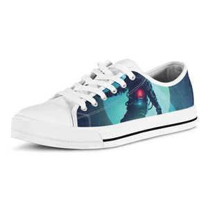 Astronaut Floating Through Space Print White Low Top Shoes