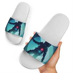 Astronaut Floating Through Space Print White Slide Sandals