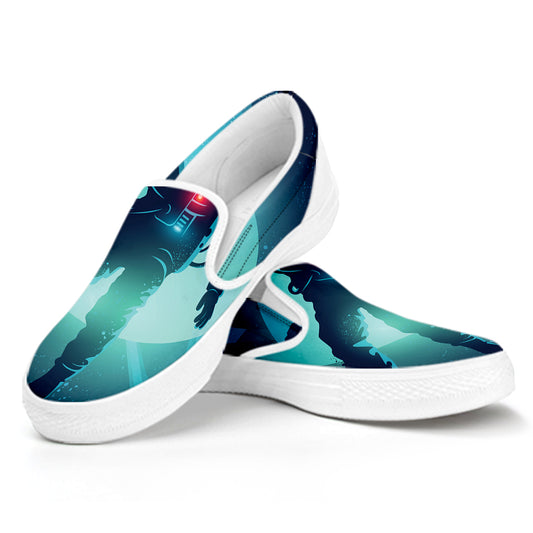Astronaut Floating Through Space Print White Slip On Shoes