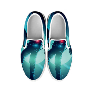 Astronaut Floating Through Space Print White Slip On Shoes