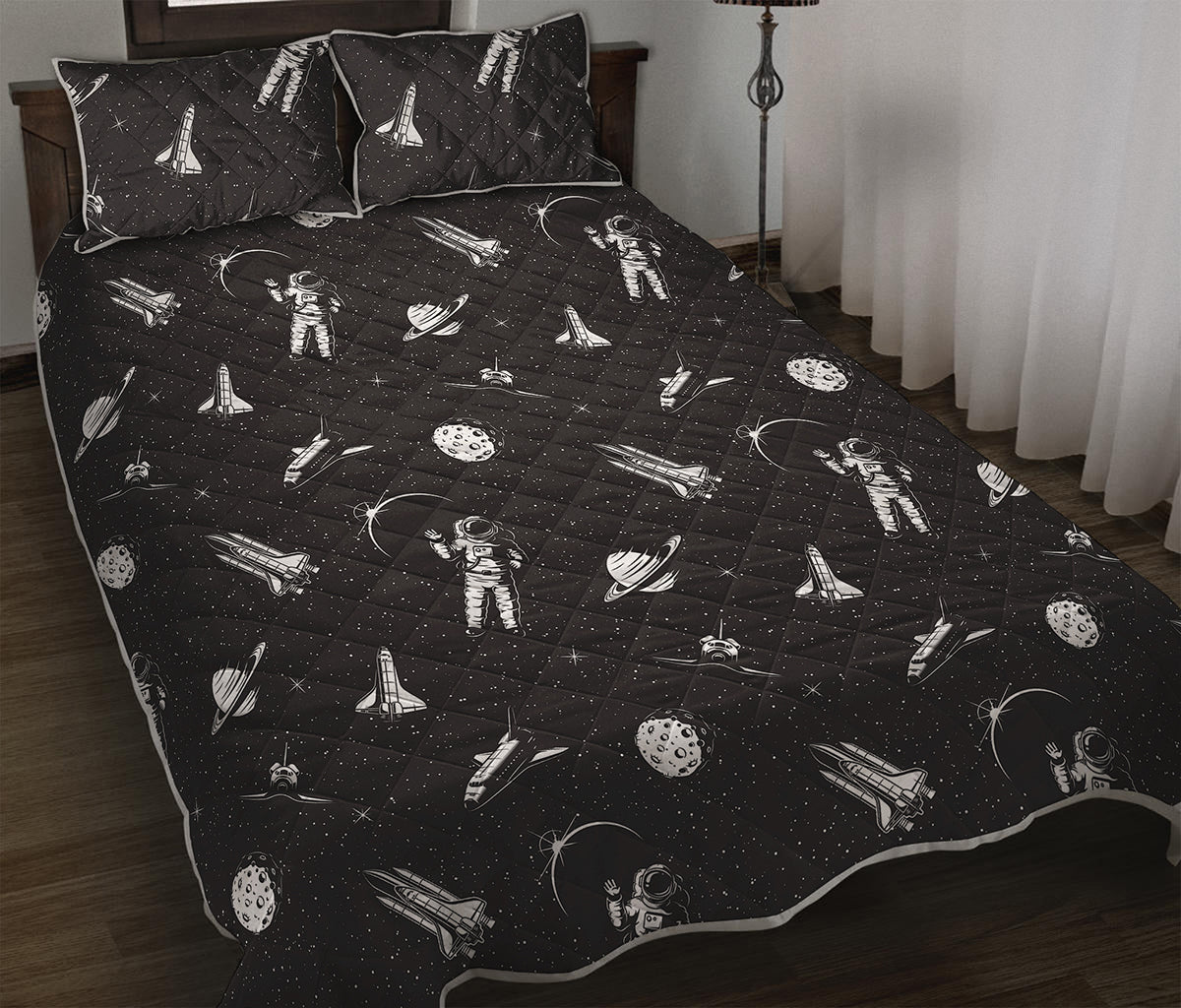 Astronaut In Space Pattern Print Quilt Bed Set