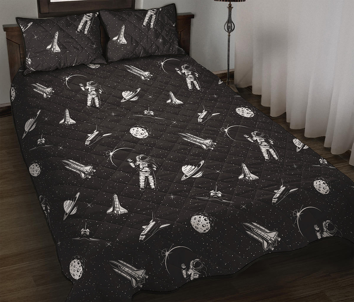 Astronaut In Space Pattern Print Quilt Bed Set