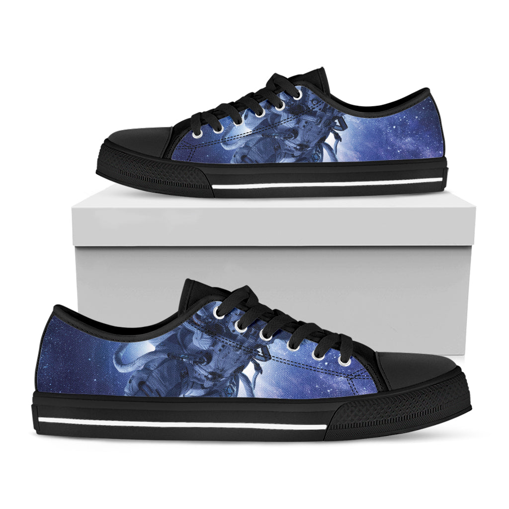 Astronaut On Space Mission Print Black Low Top Shoes